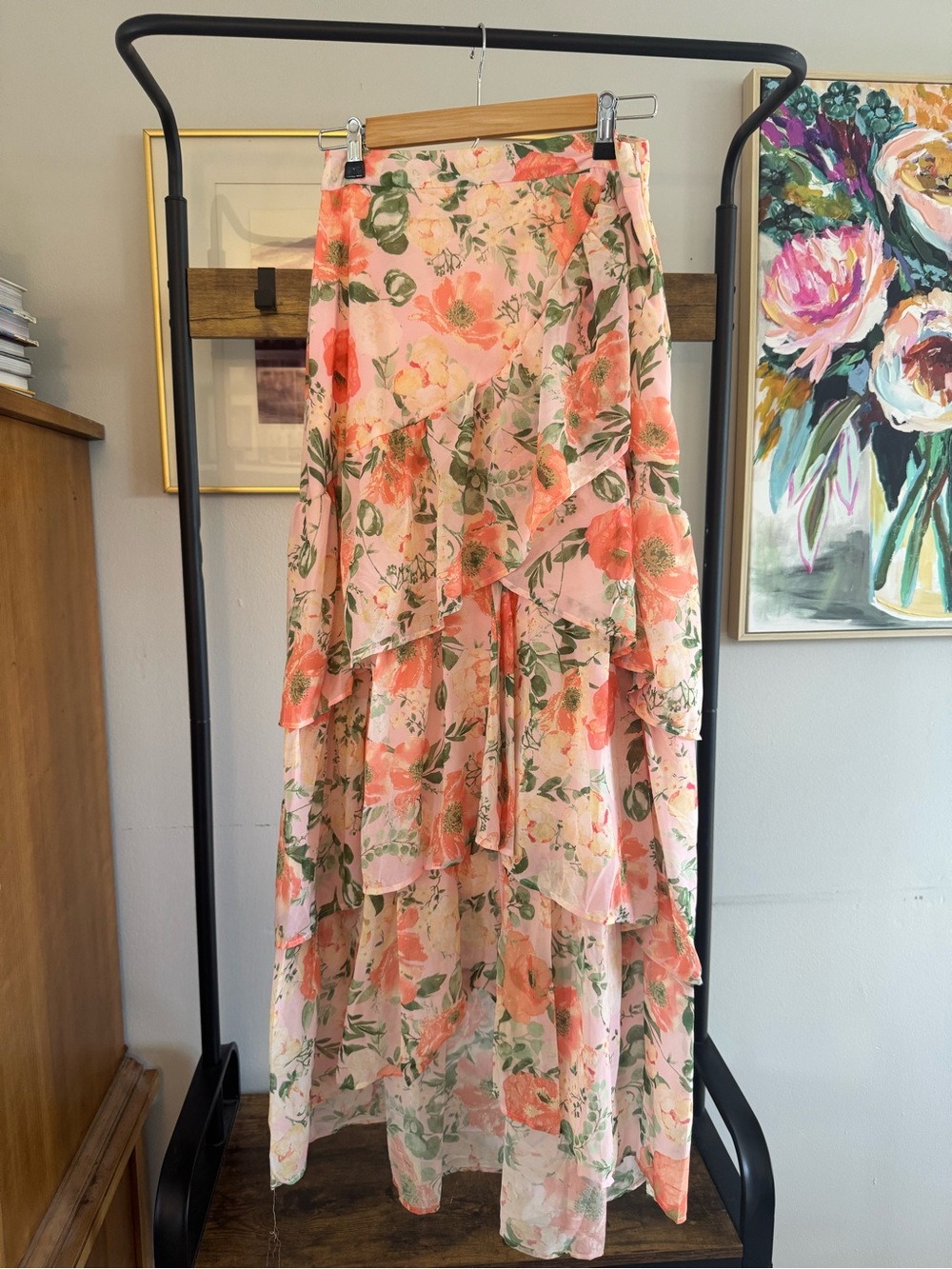 Flying Tomato Coral Pink Floral High-Low Ruffle Maxi Skirt